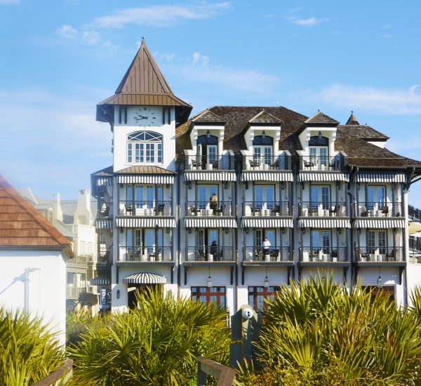 Exterior shot of the pearl hotel and its outdoor porches