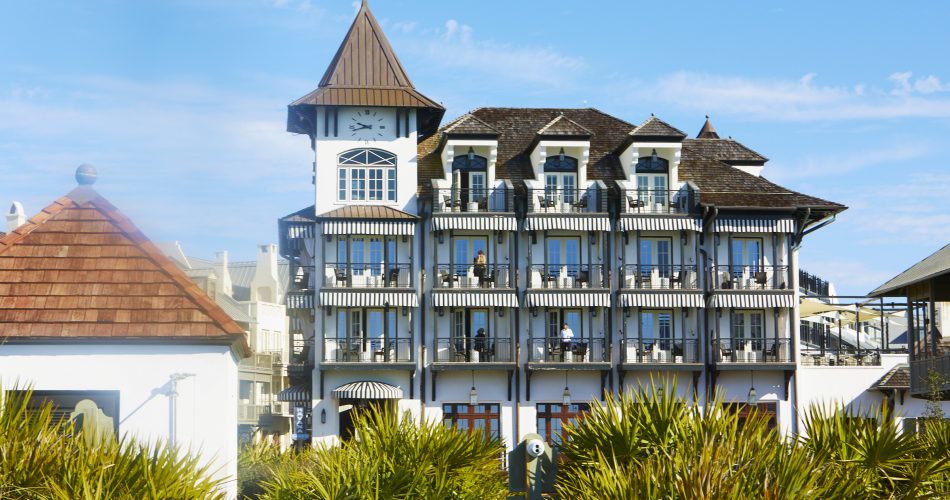Exterior shot of the pearl hotel and its outdoor porches