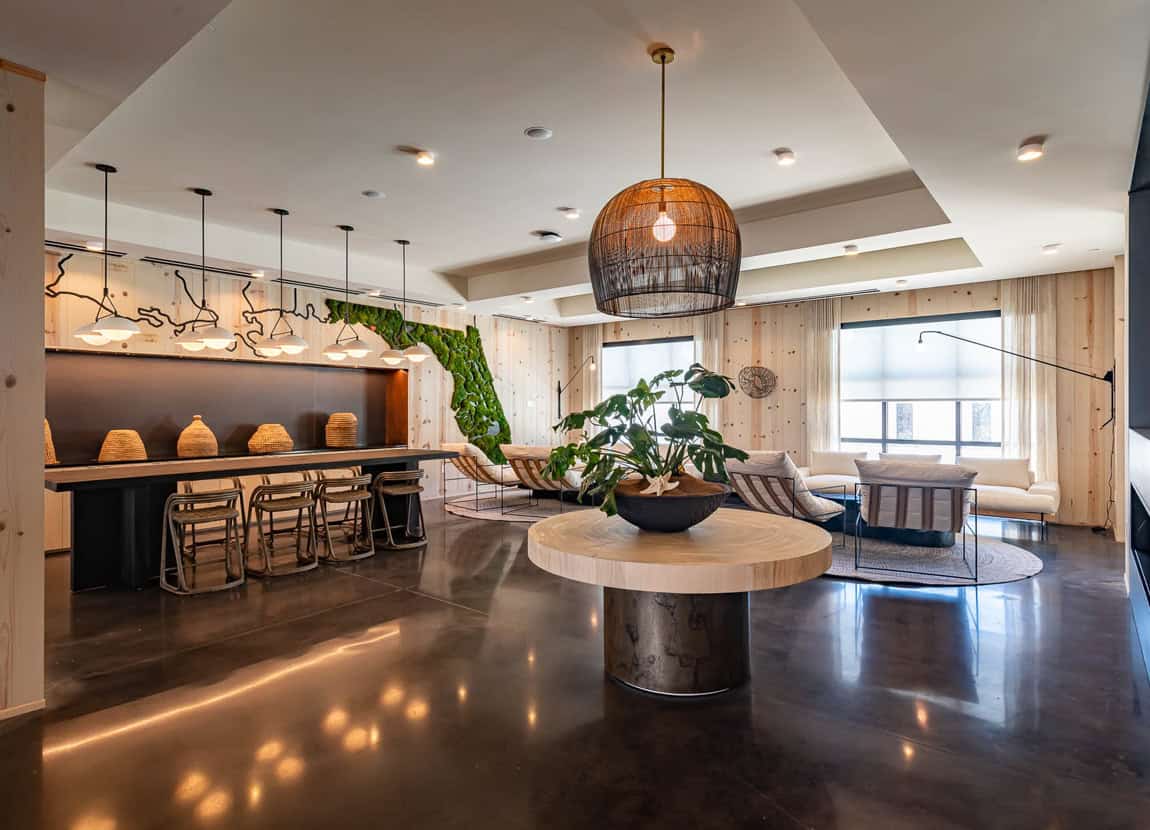 The comfortably modern lobby of The Lodge 30A.